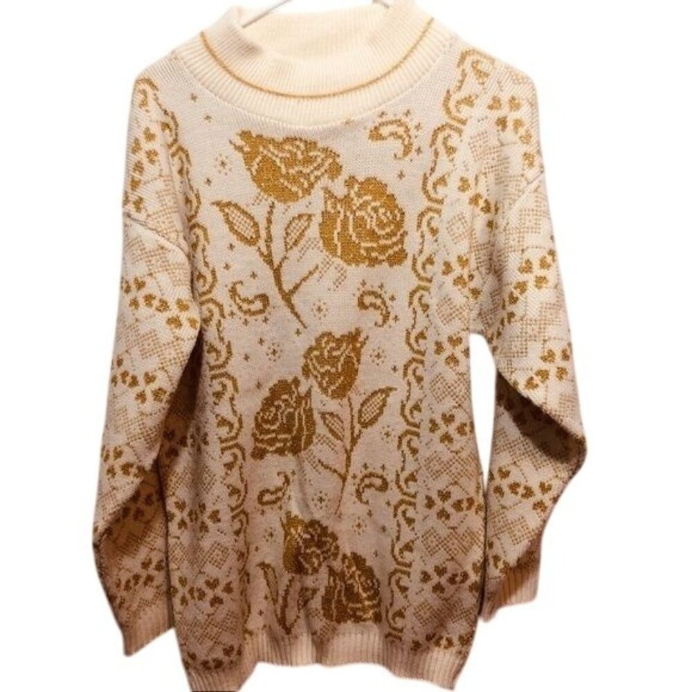 Vintage Turning Point Floral Sweater Womens Small Gold Cream Metallic Knit USA